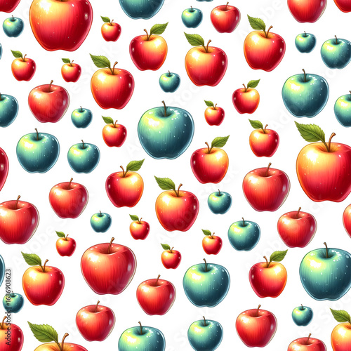 Seamless Pattern of Ripe Red and Green Apples with Leaves