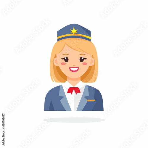 Smiling flight attendant in uniform wearing a hat with a star and a red bow tie