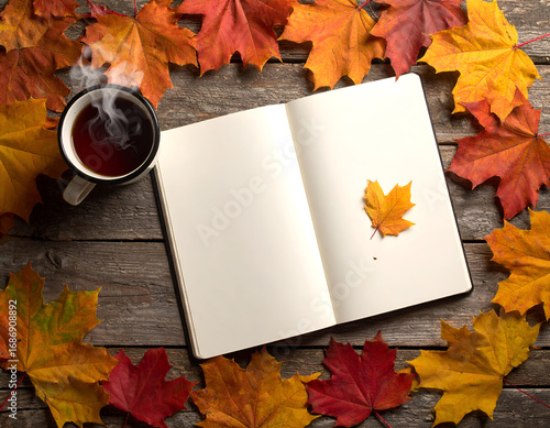 A blank, open book surrounded by yellow maple leaves and a cup of tea on a rustic wooden background. An autumn flat lay for travel, adventure, or writing concepts. Generative AI