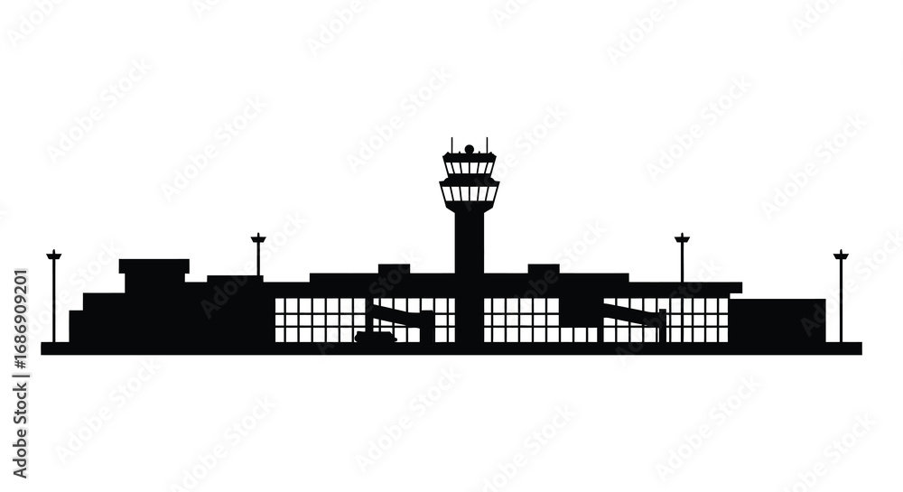 Obraz premium airport terminal silhouette with control tower and flags
