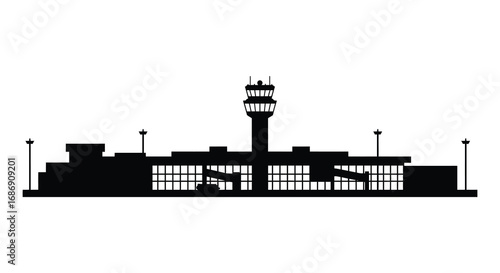 airport terminal silhouette with control tower and flags
