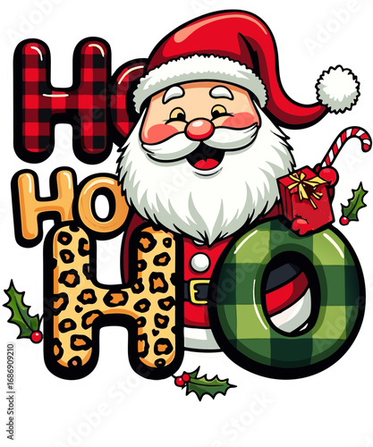 Festive santa claus with ho ho ho text and christmas elements isolated on transparent background
