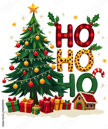 Festive ho ho ho christmas tree with presents and gingerbread house isolated on transparent background