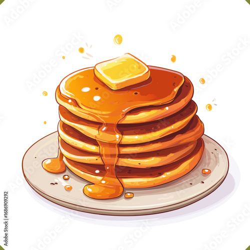 Vector illustration of a stack of pumpkin pancakes with melting butter and syrup on a plate with autumn leaves on a white background