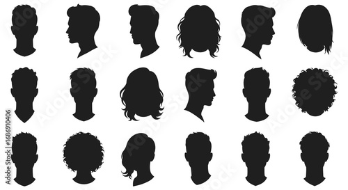 various hairstyles silhouettes displayed in grid formation