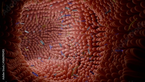 Photography 3D Render of Intestinal Microvilli Featuring Gut Microbiome Bacteria