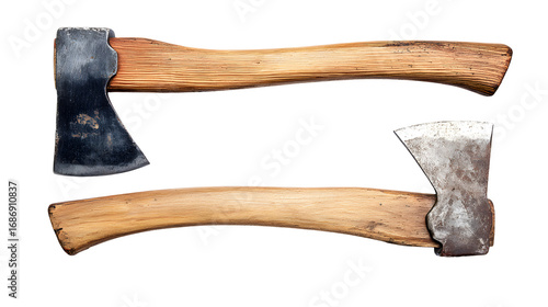 Two vintage axes with wooden handles are displayed against a stark