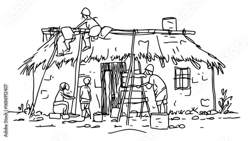 Thatched roof repair vector – villagers renovating rural cottage, rustic countryside sketch