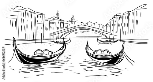 Grand Canal gondolas vector – Venice waterway with two boats and distant bridge, elegant travel sketch