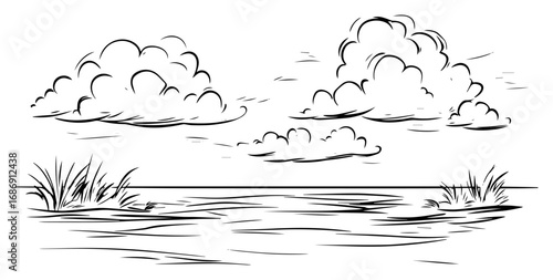 Cloudy lake vector – calm water reflecting puffy clouds and reeds, serene nature sketch