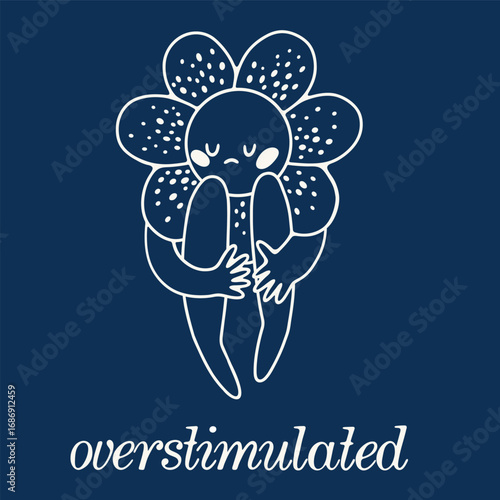 Overstimulated Flower Head Character Hugging Knees, Emotional and Introverted Concept Art, Quiet and Sensitive Mental Health Illustration