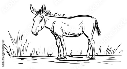 Standing donkey vector – farm animal near grass patch, rustic countryside sketch