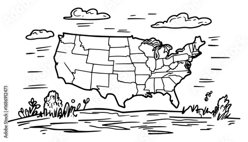 USA map landscape vector – continental United States outline in countryside sketch style