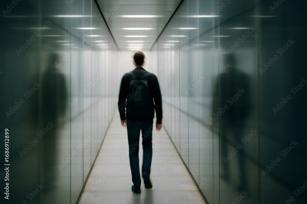 Fototapeta premium Businessman with a backpack walking away through a mirrored corridor, heading towards a bright light symbolizing hope and future possibilities