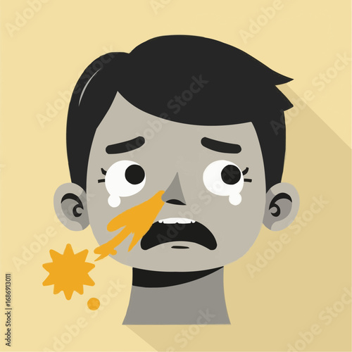 Minimalist vector illustration of a person with seasonal allergy and exaggerated teary eyes  