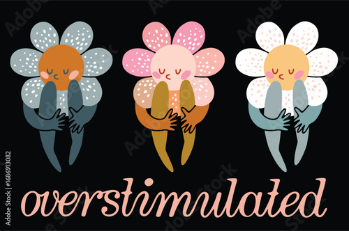 Overstimulated Flower Head Character Hugging Knees, Emotional and Introverted Concept Art, Quiet and Sensitive Mental Health Illustration
