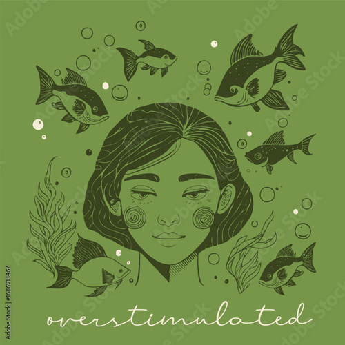 Overstimulated Girl Underwater with Fish – Quiet Mind Illustration for Introverts or Overstimulated Mom, Tired Mom