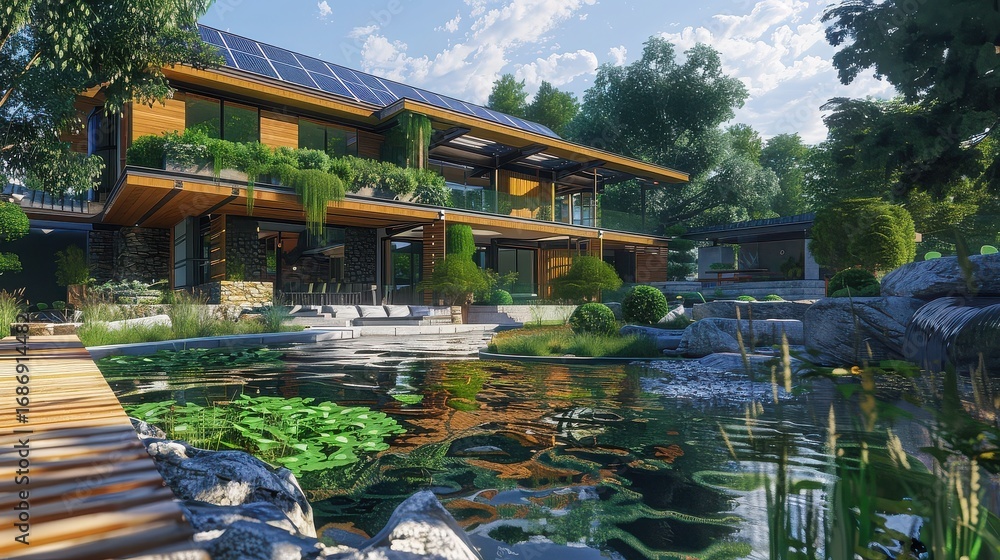Fototapeta premium An ecofriendly house with a pond and lush greenery, blending sustainable design with natural beauty in a serene outdoor setting