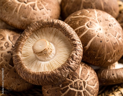 Fresh Shiitake mushroom in white background, aesthetic mushroom product, healthy food, slicing shiitake mushroom 
