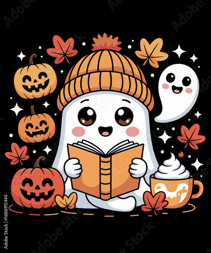 Cute Ghost Reading Book Pumpkins Fall Chocolate Halloween