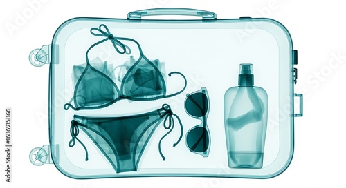 X-Ray Vision of a Suitcase Packed with Bikini and Sunscreen for a Beach Holiday.