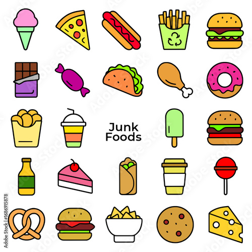 Icon pack, icon sheet, junk foods theme, outline and colored version, transparent background PNG