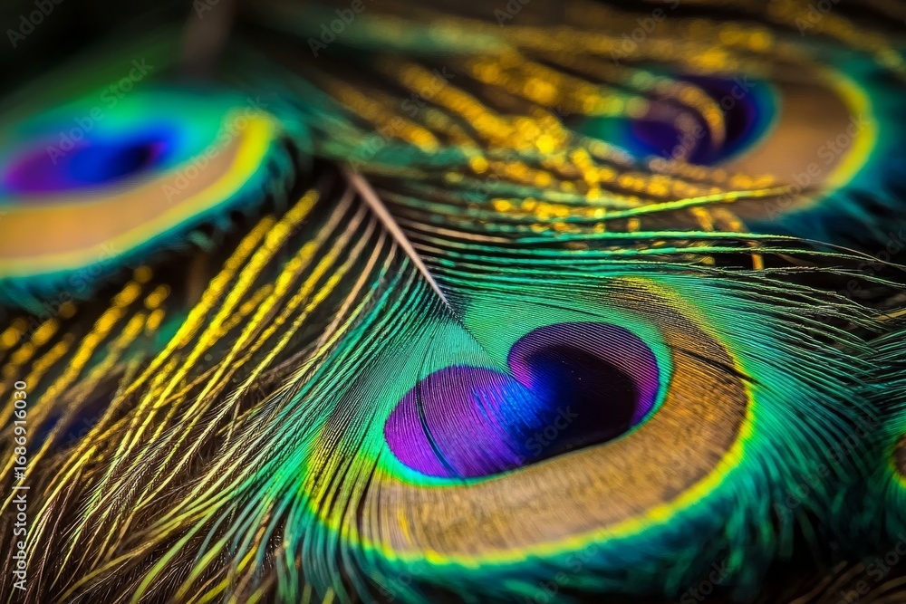Fototapeta premium Close-up of Vibrant Peacock Feathers Displaying Iridescent Colors