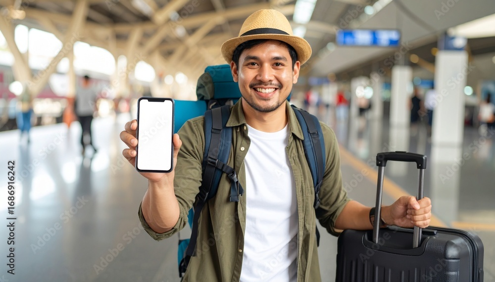 Fototapeta premium A happy traveler holding a phone, smiling broadly in a train station, ready for journey. He is prepared and optimistic.