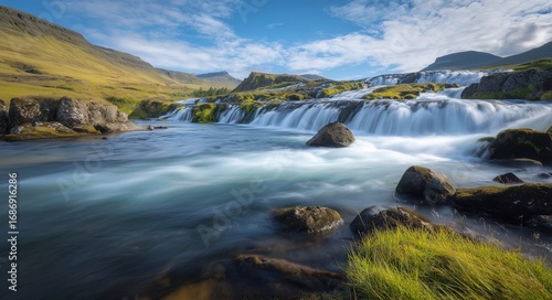 Iceland Mountain Waterfall Natural Scenery, Clear Water and Verdant Landscape, Ideal for Scenery Decoration, Nature - Themed Design, Travel Promotion