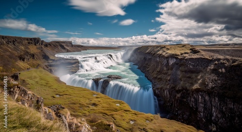 Magnificent Waterfall Landscape in Iceland, Turbulent Water and Canyon Landform, Suitable for Scenery Decoration, Nature - Themed Design, Travel Promotion