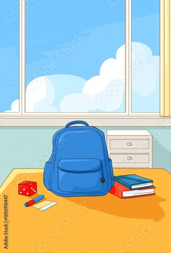 Cartoon - style Desk Study Scene, Blue Backpack and Stationery, Suitable for Education Design, Children's Illustration, Campus - themed Creation
