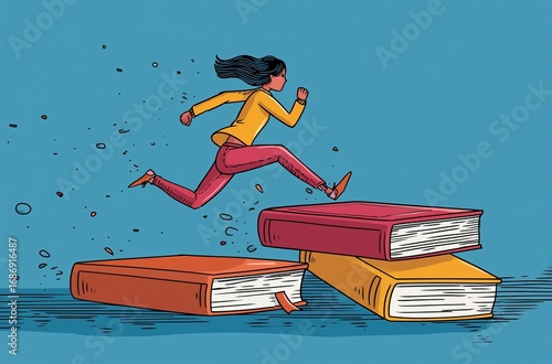 Cartoon - style Woman Running Over Books, Symbolizing Knowledge Exploration and Progress, Suitable for Education, Inspiration, Creative Design