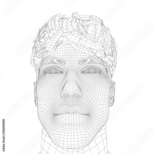 A 3D wireframe model of a male head with closed eyes, featuring detailed hair and a clean white background for a modern fashion aesthetic.