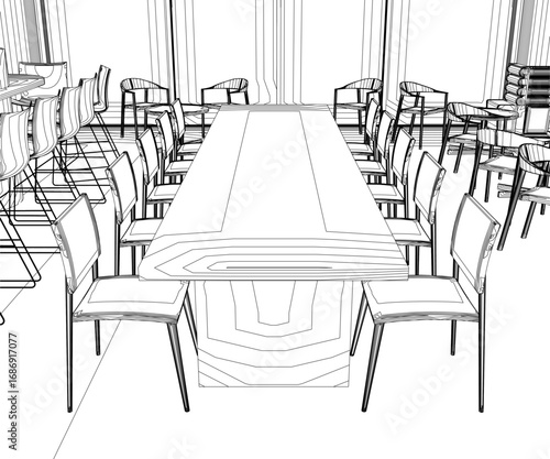 A conference room sketch with a long table and chairs, contour lines defining the kitchen area and scattered objects. The scene captures a sense of anticipation and excitement.