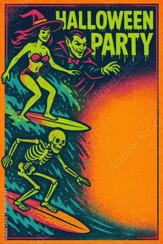 Halloween surf party poster with copy space. Ideal for event flyers, party invitations, seasonal marketing and spooky promotions
