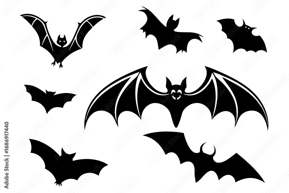 Fototapeta premium Scary Bat Silhouette Set – Halloween Flying Bats Vector Clipart for Decor and Crafts
