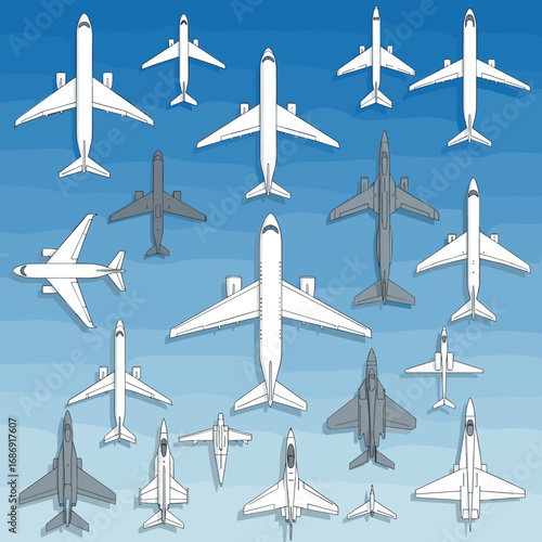 Diverse collection of aircraft models illustrated against a sky background