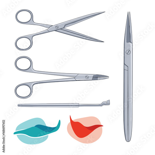 Collection of surgical instruments including scissors forceps and other medical tools for delicate procedures