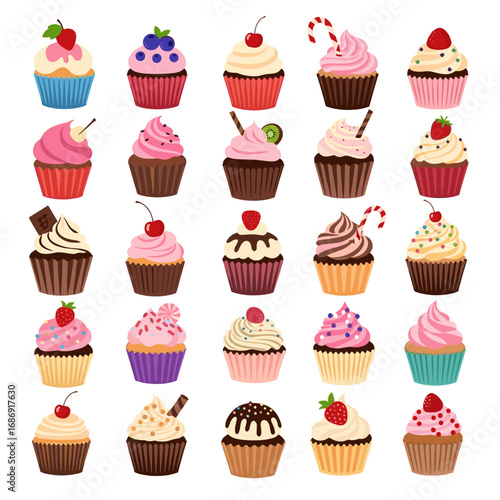 A delicious collection of various sweet cupcakes decorated with fruits and sprinkles