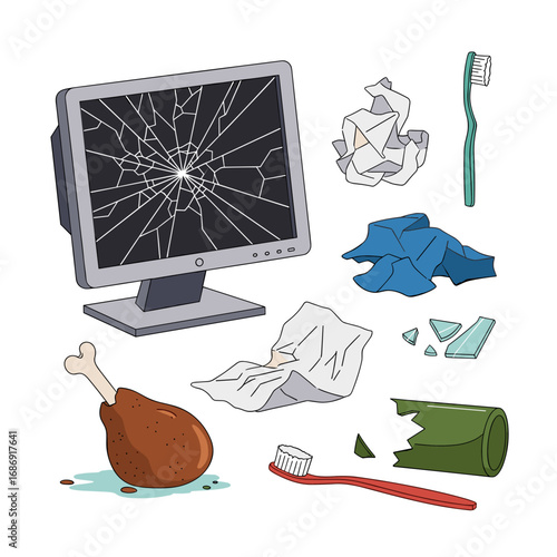 Collection of broken and discarded household items illustrating waste and damage