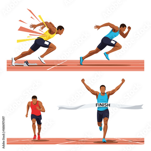 Athletic competition of runners on a track showcasing different stages of a race from start to finish