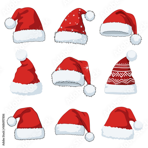 Collection of festive red santa claus hats with white fur trim and pompoms for holiday celebrations