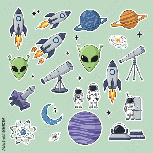 Colorful collection of space objects planets rockets astronauts and aliens for kids illustration