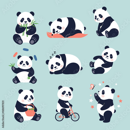 Adorable collection of playful pandas engaging in various activities and resting naturally