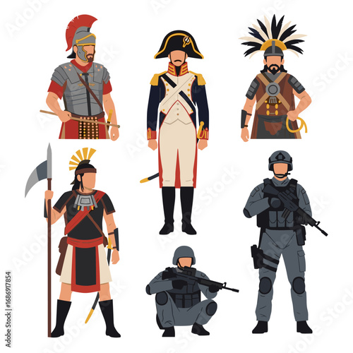 Historical and modern military figures depicting evolution of warfare throughout the ages