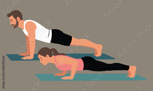 Couple Doing Push Ups Exercise | Fitness Workout Illustration
