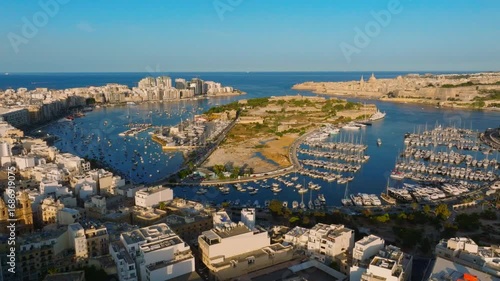 Drone sunset view of Manoel island and Valletta city, Malta island