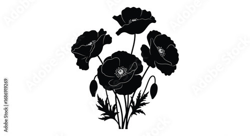 a cluster of black poppies with delicate stems and leaves