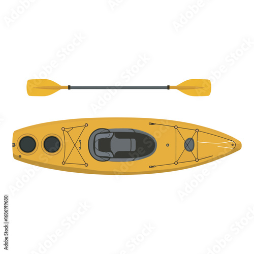 Top down view of a yellow recreational kayak with a double-bladed paddle. Vector illustration for water sports and outdoor adventure concepts on a white background