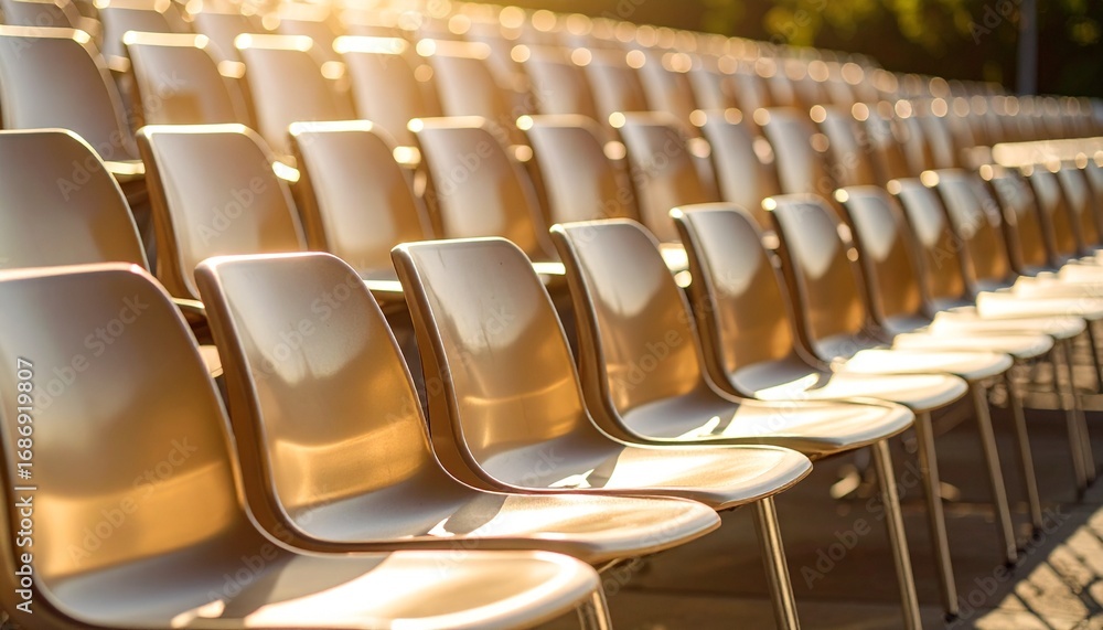 Obraz premium Rows of empty chairs under the warm sunlight, an anticipation of event to come